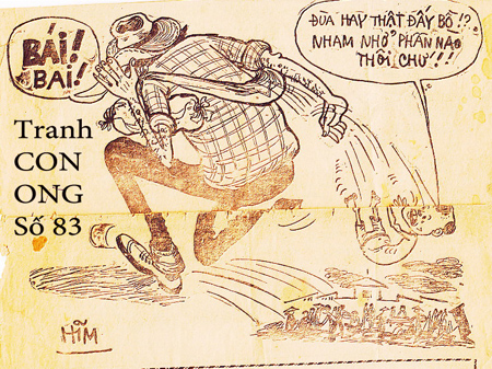 Tranh vẽ bìa Con Ong Số 83. Tháng 10 năm 1969 Con Ong đã biết Hoa Kỳ bỏ rơi Việt Nam Cộng Hòa. 