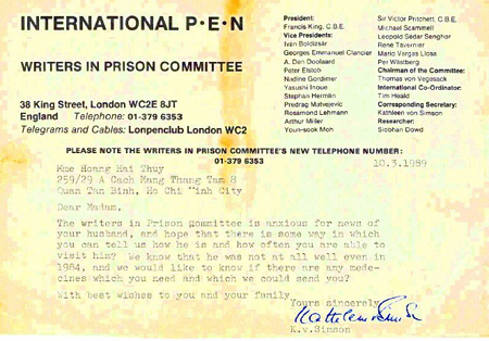 Thư của Writers in Prison Committee – International PEN, gửi gia đình Hoàng Hải Thủy.